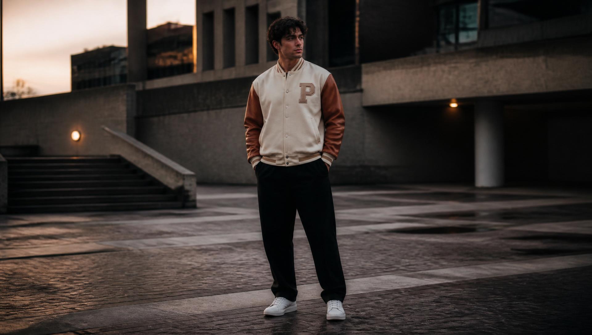 Model in cream varsity jacket with cognac leather sleeves